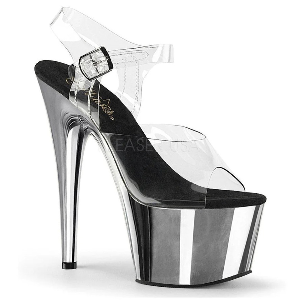 Pleaser Adore 707 Silver Chrome and Clear Platform Pole Dance Heels NIB